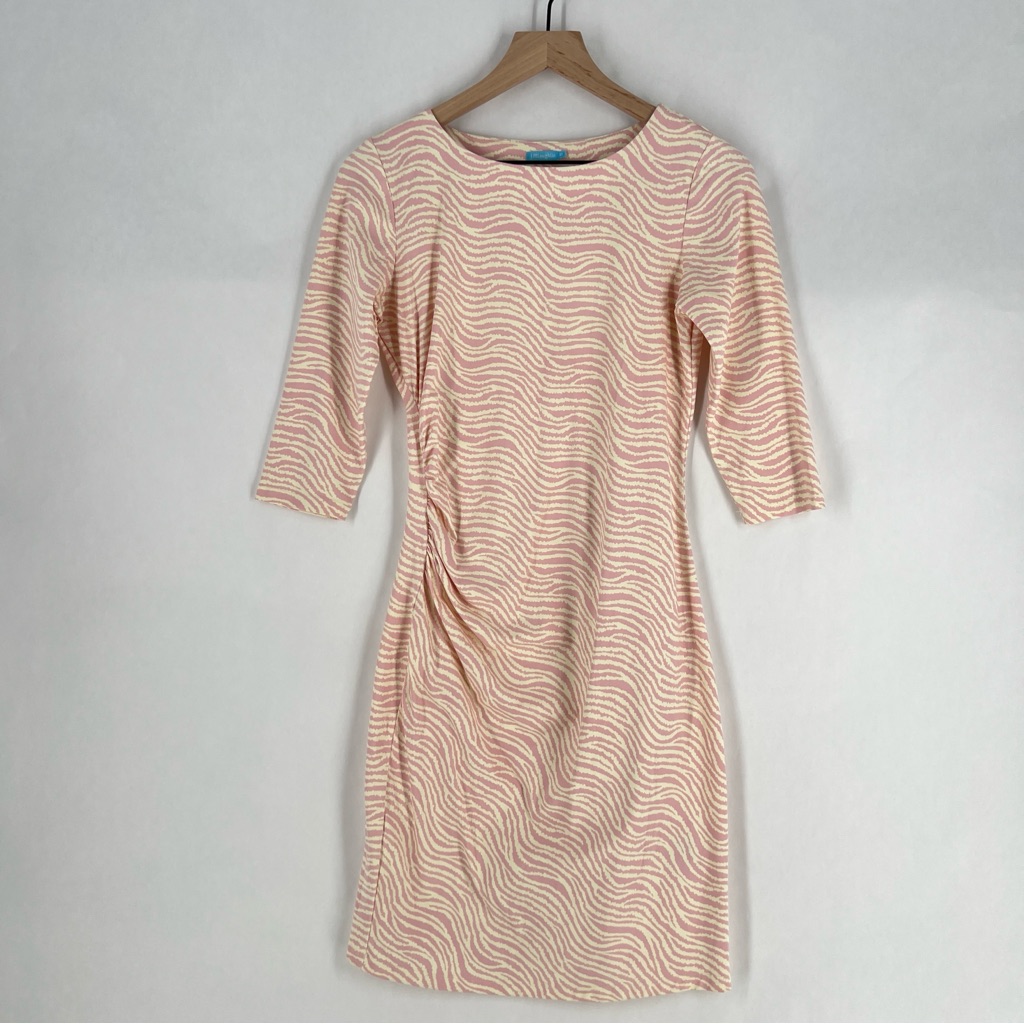 J. Mclaughlin Pink Cream Printer Catalina Cloth 3/4 Sleeve Gathered Sheath Dress